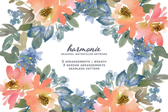 Peachy Blue Watercolor Floral Clipart